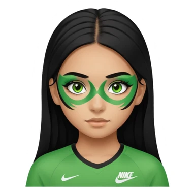 cute teenage girl, cute athletic Nike clothes, tan skin, green eyes, black hair, face paint, very long eylashes sticker