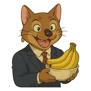 ghibli style cat with a dog nose, wearing a suit, earring, holding a cup of bananas, playful expression sticker