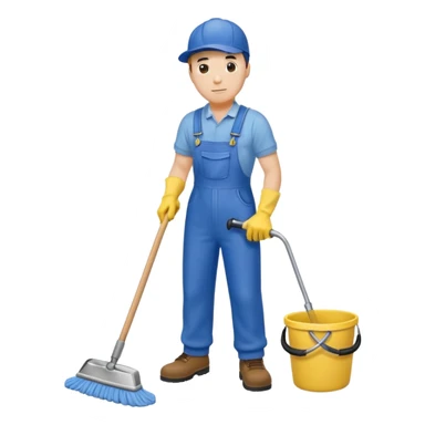 Custodian with yellow rubber gloves, blue overalls mopping floor sticker