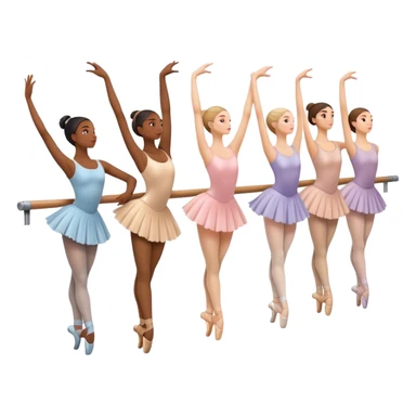 "Icon for Choreography: a group of dance students stretching, holding one hand on a long barre along the wall. The icon should capture the disciplined and graceful nature of ballet practice. Transparent background. sticker