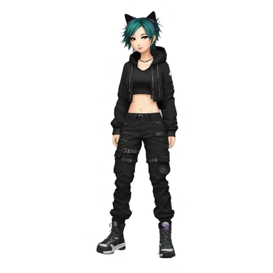 Edgy anime punk tomboy with cat ears techwear cargo pants hoodie sticker