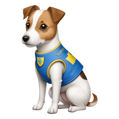 jack russell terrier in a bulletproof vest with ukrainian flag patch and name "PATRON" sticker