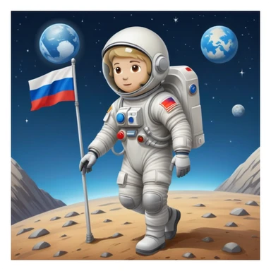 Cosmonaut walking on a planet surface, wearing a spacesuit with Russian flag, light hair and light skin visible through helmet sticker