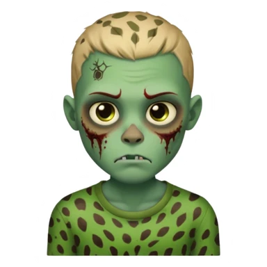 Zombie boy with green skin and sleepy eyes and scars on his face and a shirt that has cheetah texture sticker