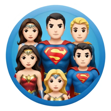Justice League Flash, Wonder Woman, Superman, Aquaman, and Batman standing in a circle in emoji style sticker