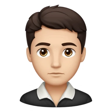 He’s a man with light to medium skin, a defined oval face, full brows, deep-set eyes, and wavy short dark brown hair styled with height, sides are trimmed. expression calm and focused relaxed black open-collar .polished, articulate, and trainer vibe. sticker