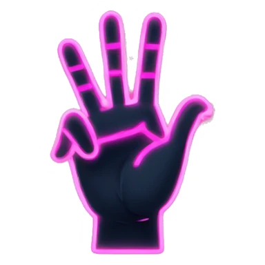 Create a minimalist emoji-style hand with a pink neon outline, similar to a peace sign hand but with three fingers raised. The hand should be simple, cartoonish, and have a soft glow to the pink outline against a dark background. sticker
