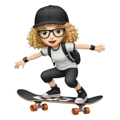 ["An excited girl with light skin, curly hair, wearing a baseball cap and square glasses, dressed in goth fashion, is skateboarding while holding a camera."] Pixal sticker