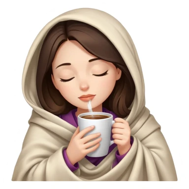 girl inside a blanket sipping coffee eyes closed, brunette with fair skin sticker