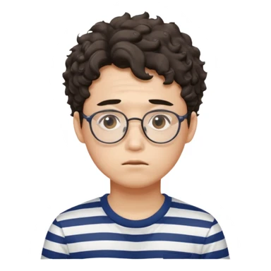  Korean male college student with a worried face , glasses with a bit curly hair, stripe t-shirt sticker