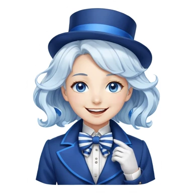 Beautiful gorgeous anime lady with white wavy hair with thin blue stripes, blue eyes, blue short top hat with a blue bow tie, smug grin, laughing, happy, blue coat, blue cravat, white gloves sticker