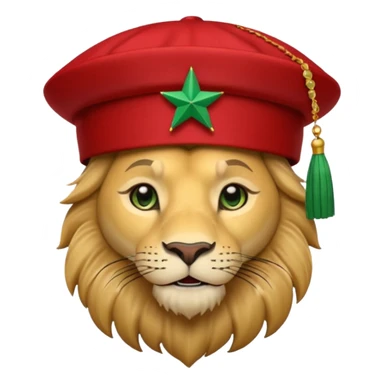 Cute lion emoji face wearing a Red Moroccan fez hat with a flat top, straight sides, a green five-pointed star on the front, and a thin black tassel hanging from the right side. sticker