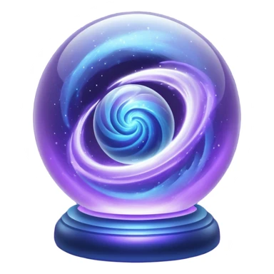 a glass sphere filled with swirling purple and blue dust, glowing, 3d sticker