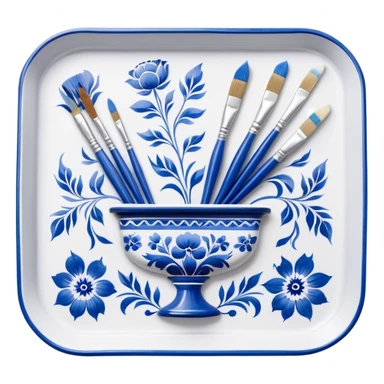 Gzhel-style metal painting icon, hand-painted Gzhel-style metal tray with intricate blue and white floral patterns, visible paintbrush and paint pots, metal surface in the process of being painted, no finished artwork, just the painting process, minimalistic style, clean lines, transparent background. sticker
