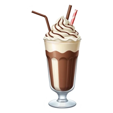 A thick, creamy milkshake in a tall glass with whipped cream on top and a straw sticker