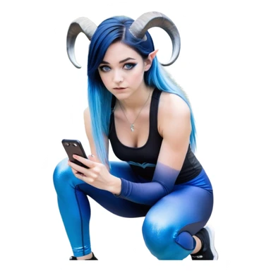 Disapponted-big tears-head back texting on phone-very very large upper body-sexy face-bending forward at waist-very long very straight dark blue to light blue ombre hair-and-blue eyes-thick black eyeliner-cute goat horns-iridescent blue lowcut tanktop with black leggings with glitter superman logo sticker