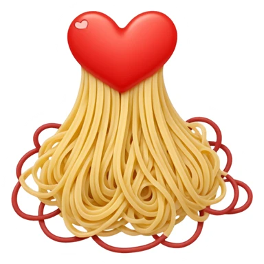 loose tangle of pale yellow cooked spaghetti with soft glossy texture and natural curves, strands slightly twisted and overlapping, freshly prepared dish, no bowl or chopsticks. Add tiny read hearts on the spaghetti sticker