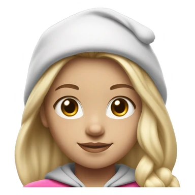 white raced, blonde hair with middle part, girl, long sleeve white lululemon shirt,  grey sweat pants, and a pink santa hat sticker