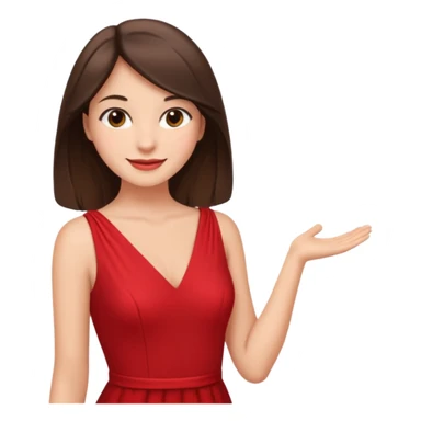 Cartoon emoji of a young brunette woman with fair-medium skin, brown eyes, wearing a red outfit. Full-height, standing confidently in a red dress  posing sexy with a smile and relaxed posture. Smooth, friendly, stylized, make up on, flirty eyes and smile in a sexy position  sticker