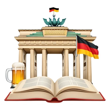 An icon featuring the Brandenburg Gate and the flag of Germany, symbolizing the German language. The design includes an open book with German text and a stein of beer, representing language learning and German culture. Transparent background sticker