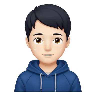 A boy like felix of straykids in his hair, he has the color hair black, he has freckles, his skin is white, he has a brackets, he wears a blue dark hoodie sticker