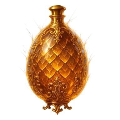 premium crystal elixir bottle in an oval shape with dragon egg motif, magical scale pattern, lots of glowing, edges, ornaments, golden details, magical effects, very small golden neck, transparent background, beautiful merging bottom, clearly floating in the air, no base or shadow, very luxurious, magical, fitting a collection sticker