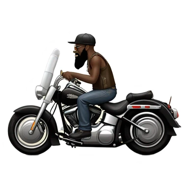 Black heritage softail with front jammer and leather saddle bags and lots of chrome and ape hangers and a long bearded guy with ball cap riding it on a country road sticker