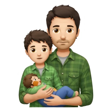 A father with messy medium-length dark hair and light stubble, wearing a green flannel shirt. He holds his one child who has short curly brown hair and a cream-colored romper. Cozy warm lighting, authentic family moment. sticker