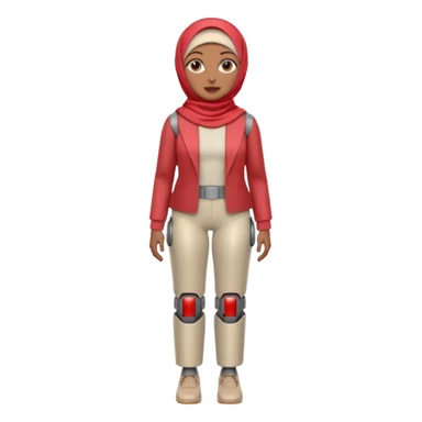 Heavy-set woman with medium-brown skin wearing a light red hijab, cream top, light red pants, tan shoes, and a grey robot leg. Standing confidently with one hand on her hip sticker