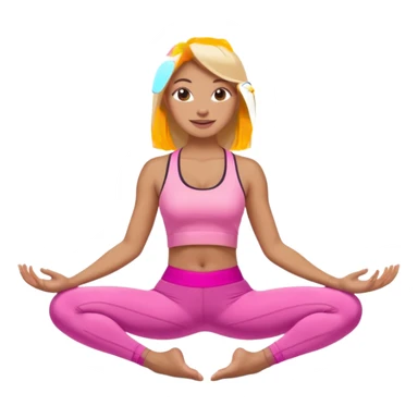 Mujer color de piel moreno claro con cabello rubio suelto y lacio, que tenga gloss en los labios y se vea usando Blush rosita, usando un top rosa deportivo y leggins deportivo rosa en una pose de yoga, viendo hacia enfrente con ojos negros y sonriendo sin mostrar los dientes sticker