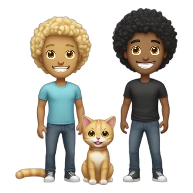 Gay couple, 1 guy Latino black straight hair and 1 Australian guy with blonde curly hair with a cat laughing full body sticker