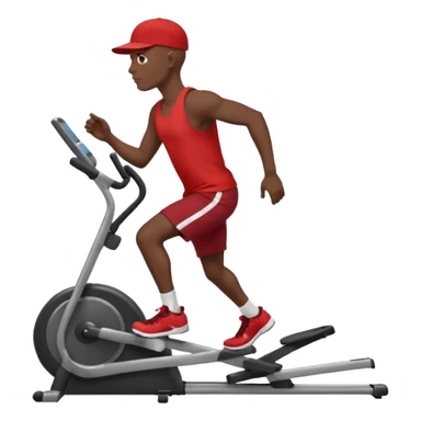 dark skin bald African American man on elliptical machine with red tank shirt and black shorts and backwards facing baseball hatcap sticker