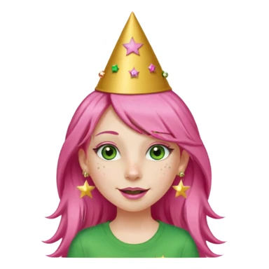 A girl with long pink hair and green eyes with long eyelashes and a happy face. She has freckles and a lit of bit of pink lipstick on her mouth, she’s also got a full gold birthday party hat on her head with gold pom poms on top of it, and her T-shirt is all red, she wore gold star earrings  sticker