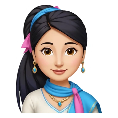 generate a pretty bratz emoji that looks like Kareena Kapoor's Geet character. 
Make her wear a white shirt with a colorful blue-pink dupatta wrapped around her neck. smiling big. Black hair tied into a side part ponytail

She should look like Kareena Kapoor sticker