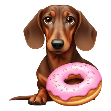 Old dachshund with guilty eyes laying down licking a pink frosted doughnut in front of it sticker