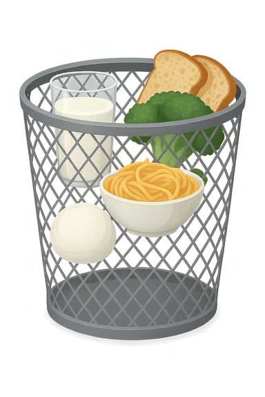 SECCHIO DELLA SPAZZATURA DENTRO CUI CADE UNA MOZZARELLA, UN BICCHIERE DI LATTE, UNA BOWL DI PASTA, QUALCHE BROCCOLO, QUALCHE FETTINA DI PANE sticker