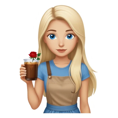 Turkish beautiful finish Konya girl long blonde hair and blue eyes with beige denim dress and had on her hand Rose Cold brew coffee   sticker