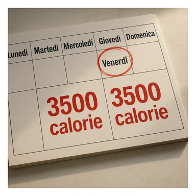 Hyperrealistic top-down view of a weekly calendar in Italian, showing days from Monday to Sunday. Friday is circled in red. Below both Saturday and Sunday, the text '3500 calorie' is large, centered, and in red. The scene has 4K details and a desk atmosphere. sticker