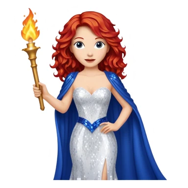 Torch Lady from Film Studios with red wavy hair, white sequin gown, royal blue sequin drape, holding torch sticker