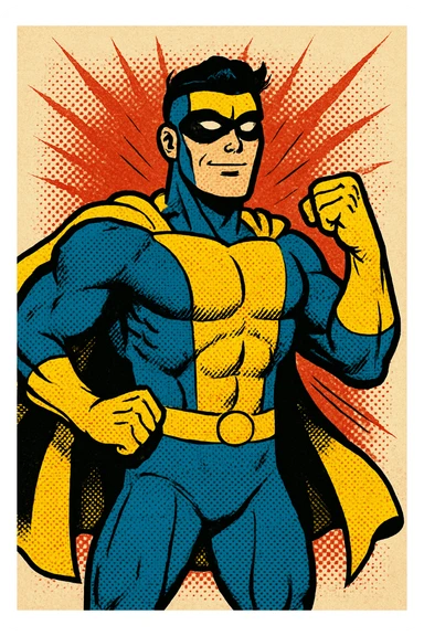 invincible superhero character wearing a blue and yellow suit, confident pose, comic book style sticker