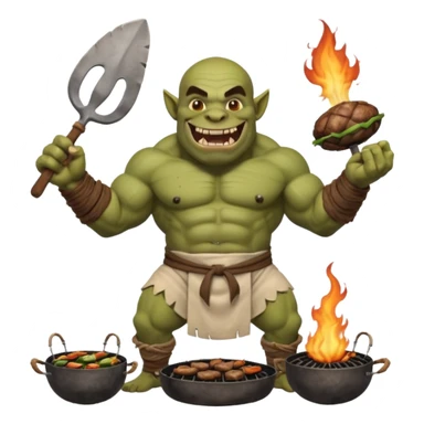 ork male master chef flipping huge kebabs on stone barbecue, muscular, loincloth or shorts, big tusked grin, smoke, centered emoji sticker