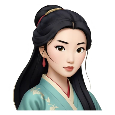 Cinematic Realistic Mulan Portrait, depicted with lifelike skin texture, soft natural lighting, and intricately detailed long black hair styled elegantly. Her deep, expressive eyes exude determination and grace, complemented by a serene yet confident expression. She is dressed in her classic attire, with rich fabric textures and delicate folds that catch the light beautifully. The portrait features a soft, enchanting glow with a natural, radiant finish, capturing the essence of timeless strength and beauty in a realistic and painterly style, evoking a sense of depth and authenticity. sticker