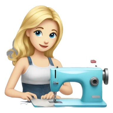 blonde girl with blue eyes working with sewing machine with cat on the floor sticker