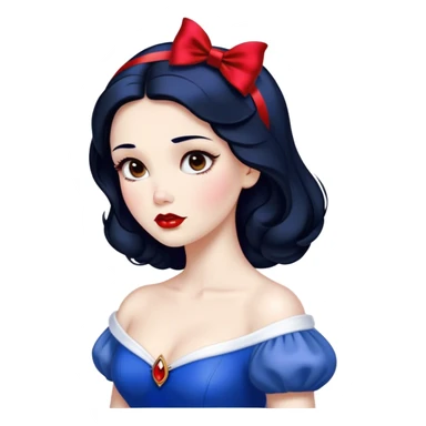 Cinematic Stunning Snow White Portrait Emoji, Fair skin glowing like porcelain, ruby-red lips, deep brown eyes full of kindness, raven hair framed by her iconic red bow, wearing her royal blue and gold gown, exuding timeless beauty and grace! sticker