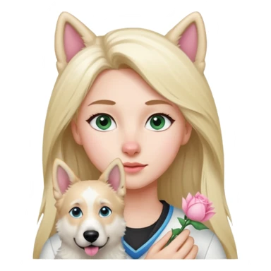 White European young woman with blue-green eyes and long blond hair with her white German Shepherd dog,the Dog hast a pink nose and short fur  and Brown eyes sticker