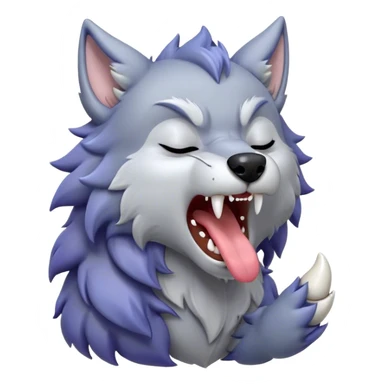Cinematic Cute Yawning Werewolf Portrait Emoji, with a cuddly, miniature lupine form in soft moonlit grays and silvers, head leaning back in a big, adorable yawn that reveals a few fuzzy teeth, simplified yet irresistibly charming, highly detailed with a soft glowing outline that captures the drowsy, playful essence of a werewolf mid-nap! sticker