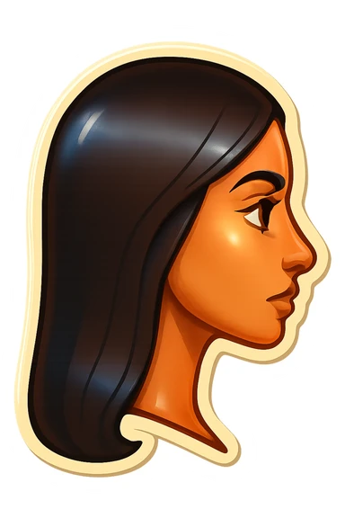 Create a side view (profile) of this woman's head, matching the same cartoon emoji style of the reference image, with long dark hair and similar facial features. Variant 4. sticker
