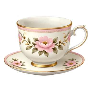 White teacup with baby pink floral antique print with gold accents  sticker