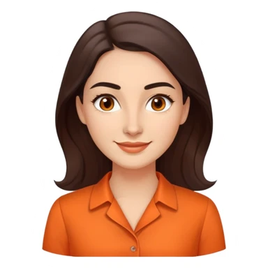 Professional woman in her 30s with light complexion, oval face, gentle features, large dark brown eyes, well-formed medium eyebrows, small nose, warm friendly smile, long slightly wavy dark brown hair, wearing a bright orange dress shirt sticker