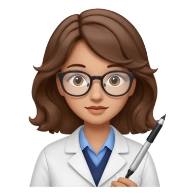 young women pharmacist studying science, wavy hair, with a pen and glasses sticker